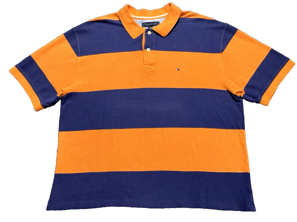 Tommy Hilfiger Polo Rugby Shirt XXL Mens Orange Blue Short Sleeves Preppy Y2k